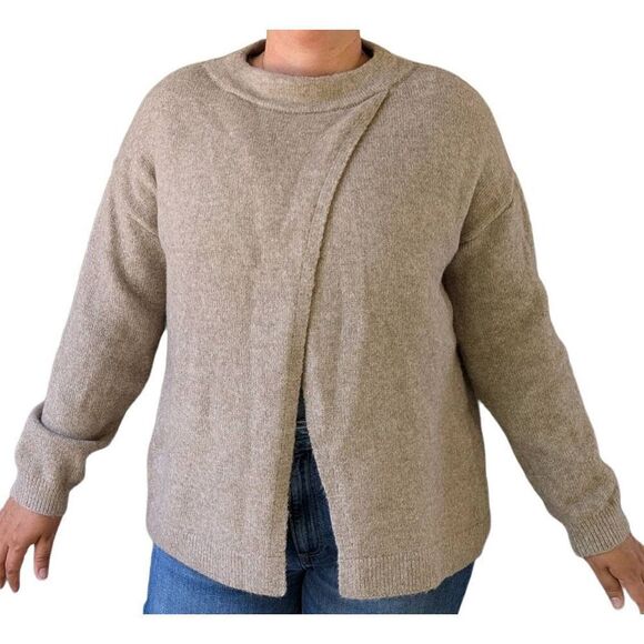 Grade & Gather Tan Front Back Overlap Pullover Sweater Round Neck Women's Size M - Picture 3 of 8